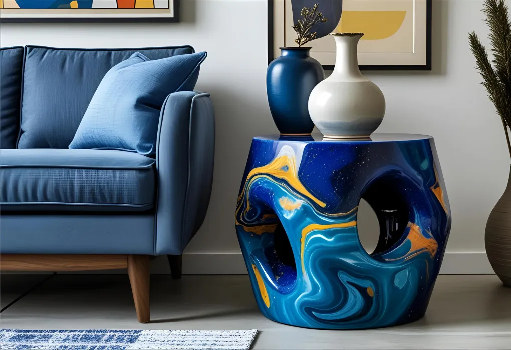 Vibrant resin side table styled in an artistic living space