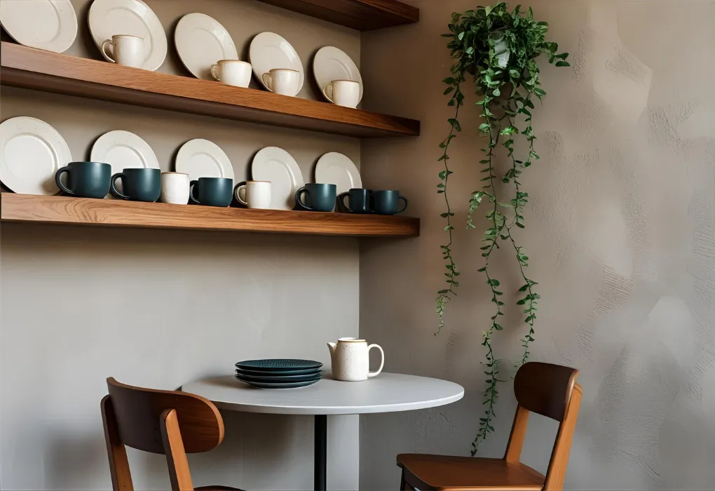 Dining corner with open wood shelves
